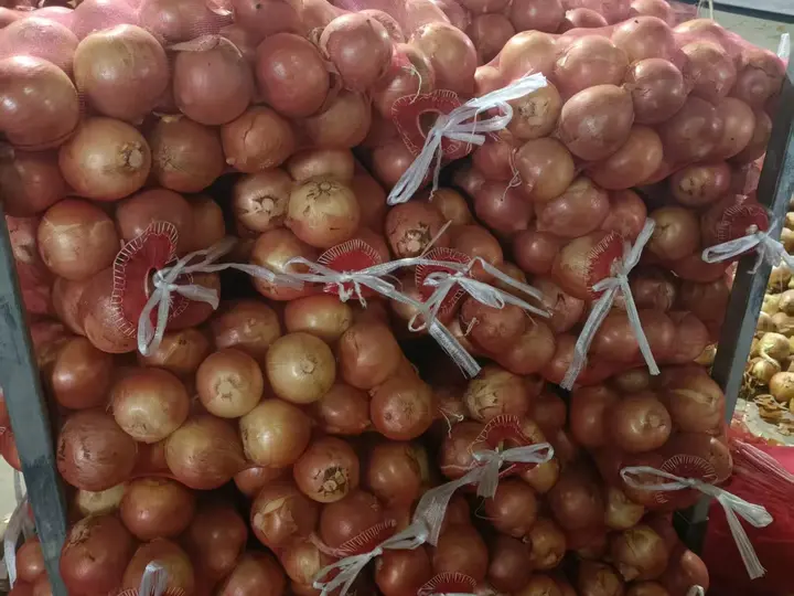 Onions in red mesh bags stacked in a metal pallet cage in a warehouse